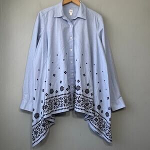 Gap Oversized Medium Asymmetric Button Up Shirt Embroidered Handkerchief Hem
